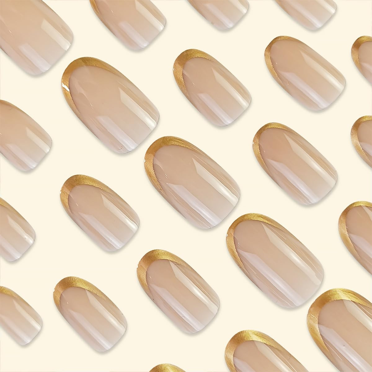24Pcs Gold French Tip Press on Nails Short Almond Fake Nails Artificial Glossy D