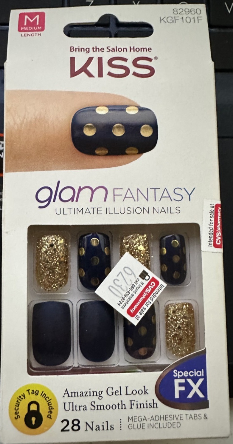 Kiss Nails Gel Fantasy Glue/Press on Medium Black Matte Gold Glitter Dots