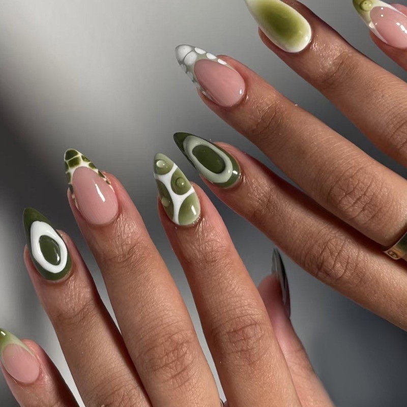 48Pcs-Olive Green Geometric Line Almond Press on Nails Minimalist Daily Nails