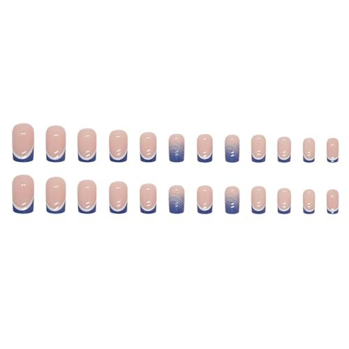Blue Press on Nails Medium French Tip Fake Nails Square Glue on Blue French Tip