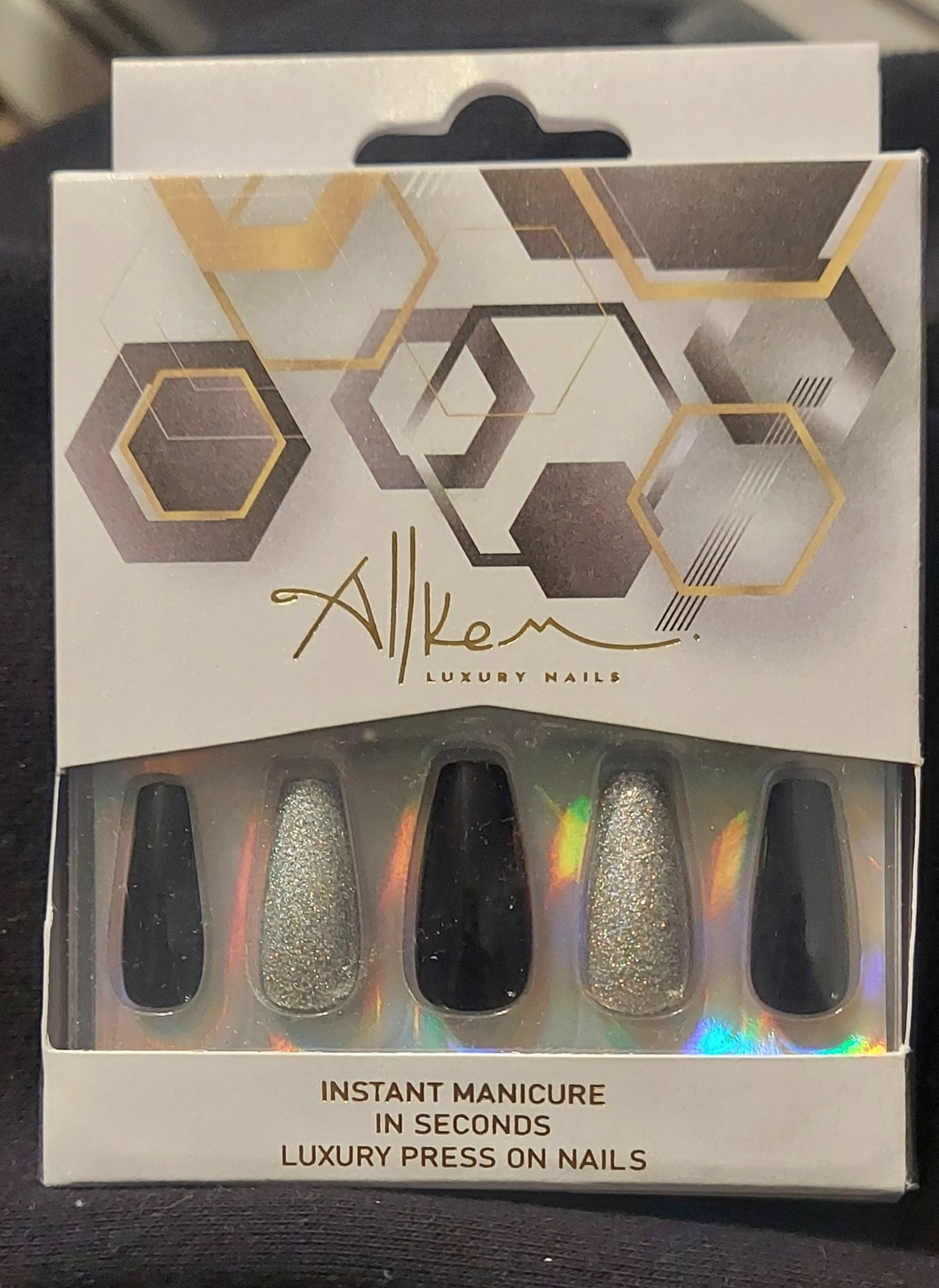 Allkem Ballerina Press-On Nails Black Silver Glitter Full Cover Glue Medium