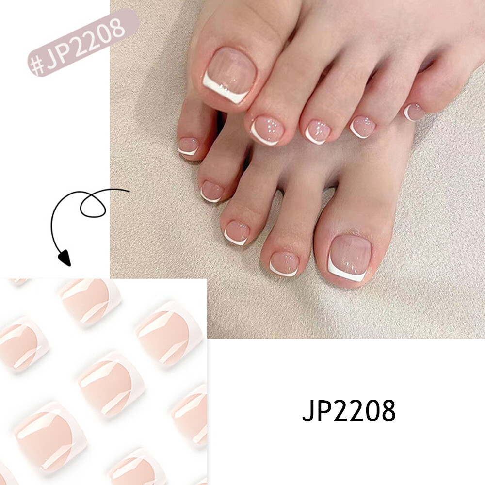 24x False Toenails French Manicure Fake Press On Full Cover Toe Nail With 1 Glue