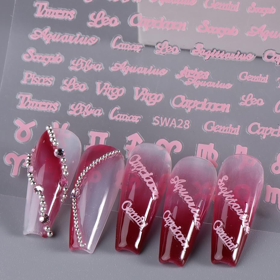 SHUXILIN Zodiac Letter Nail Stickers 6 Sheets Gold Silver Pink