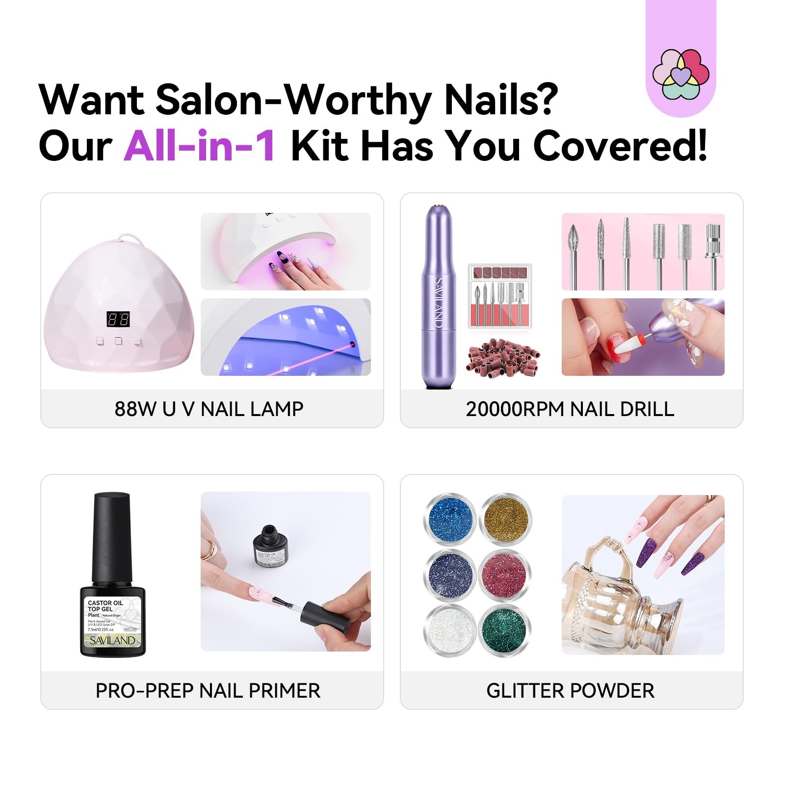 All-in-One Acrylic Nail Kit with 88W Nail Lamp, Monomer, Gel Polish & Drill
