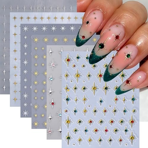 6 Sheets Shiny Star Nail Stickers for Nail Art 3D Glitter Gold diamond star