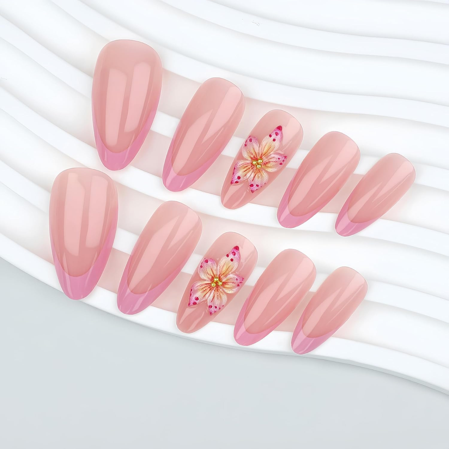 24Pcs French Tip Press on Nails Medium Almond Fake Nails with 3D Flower Gold Bea