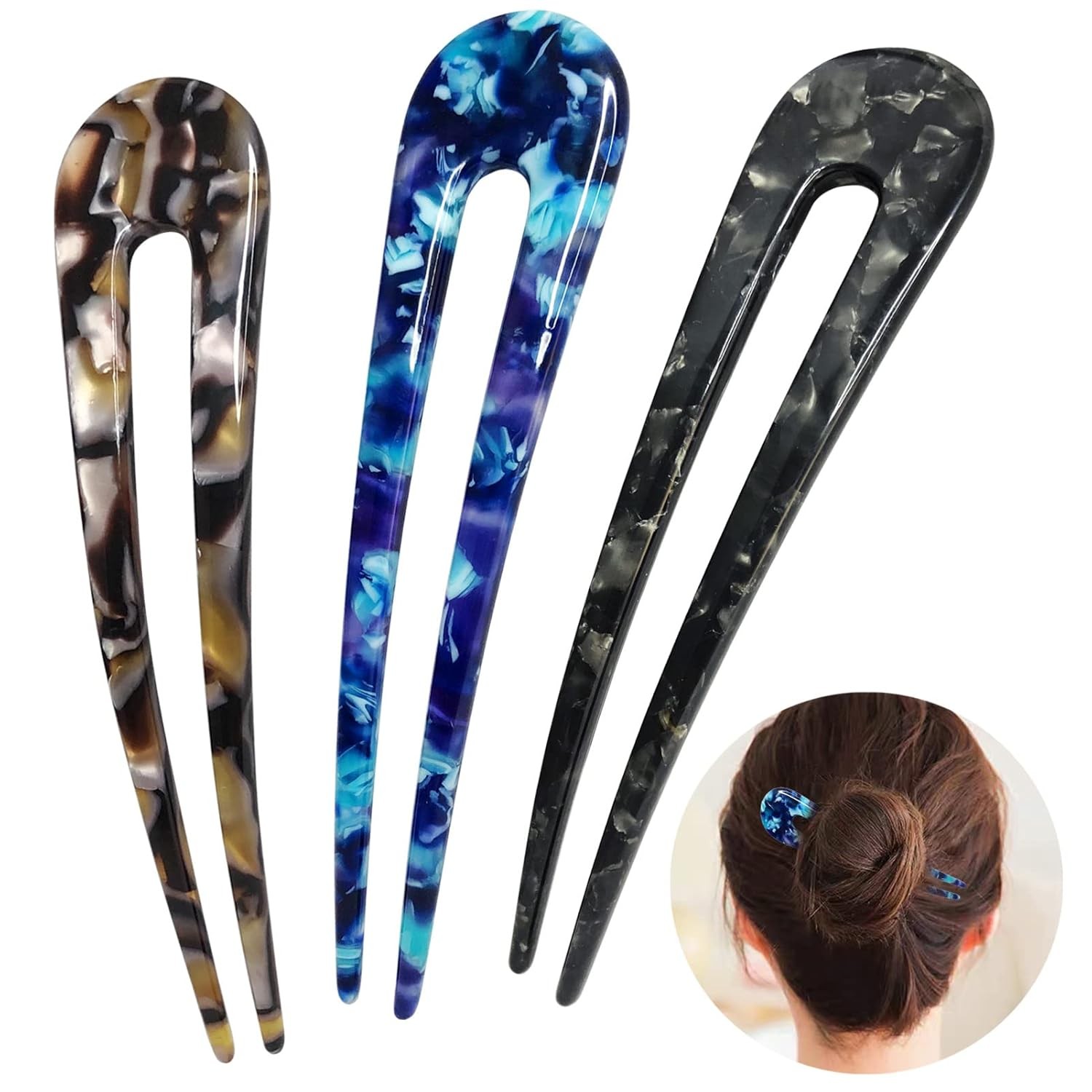 French Hair Forks Tortoise Shell U Shape Updo Pins Blue, Brown, Black