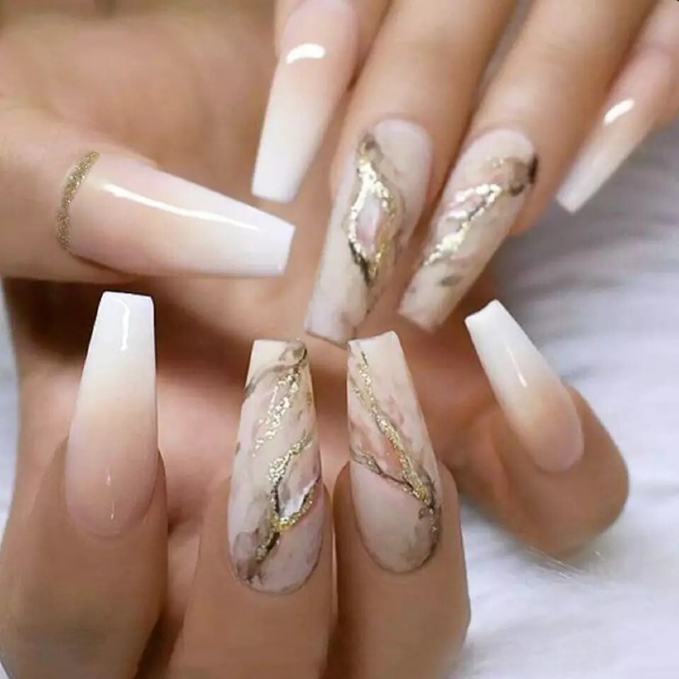 24 White ombre Marble Press on nails kit glue extra long pink nude gold