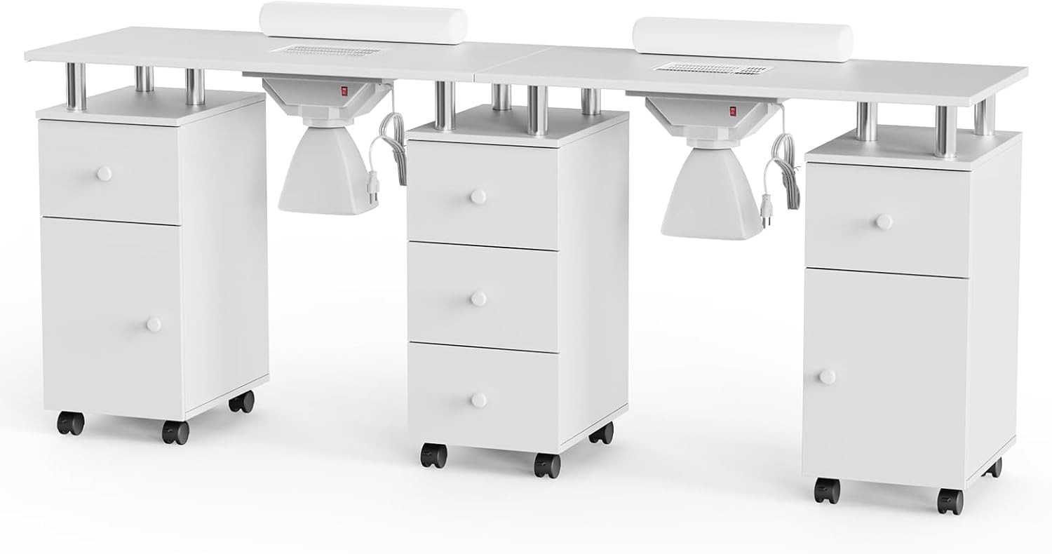 Rolling Double Manicure Table with Dust Collector & Drawers, Nail Table Station