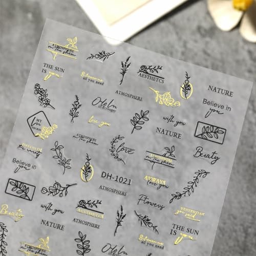 Black Gold Nail Art Stickers Decals Leaf Letter 3D Nail Decals for Nail style13