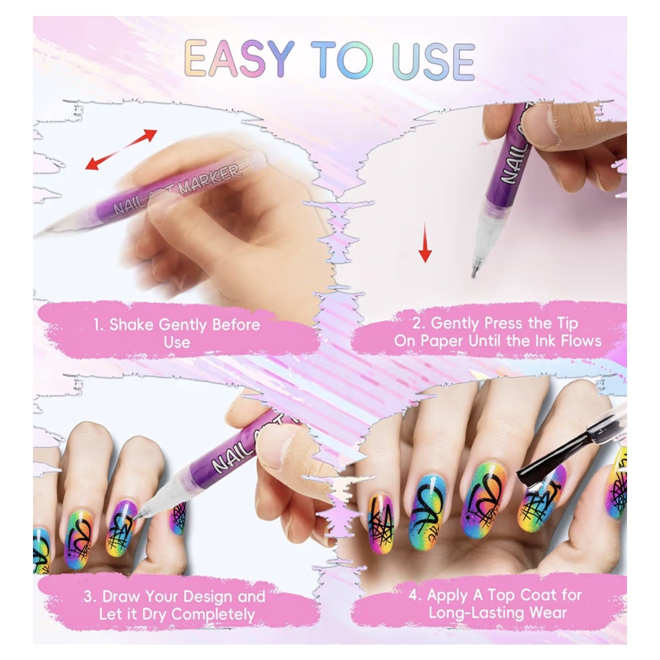 Nail Art Marker Set, 12 Colors, Water-based, Quick Dry, Solid Color, Multicolor*