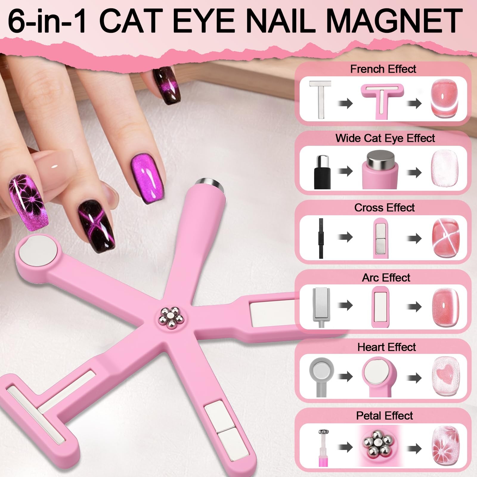 Cat Eye Magnet Set 3 in 1 Heart & 6 in 1 Nail Magnet 6 in 1 Set Pink