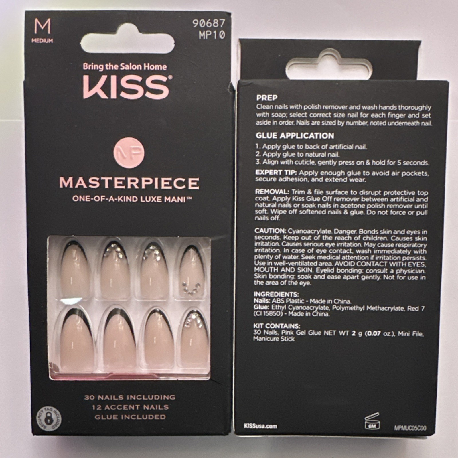 2 Pack Lot of Kiss Press-On Nails Medium Almond French 3D Sparkle Beige Black