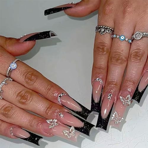 Press On Nails – Square Nude Fake Nails, Extra Long Luxurious 07-Black French
