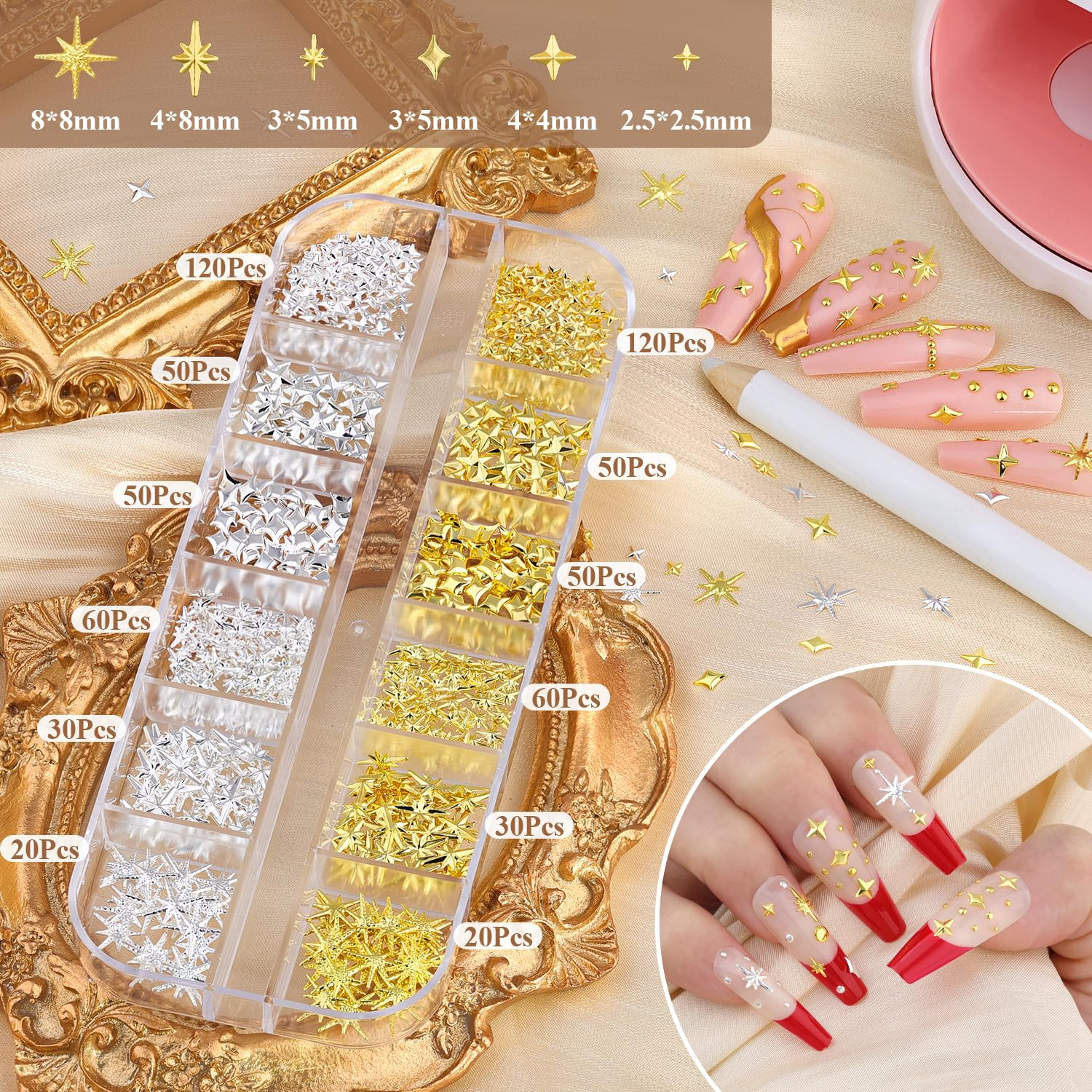 2640Pcs 3D Star Nail Charms, Gold & Silver Multi-Shapes Metallic Nail Art Gems a