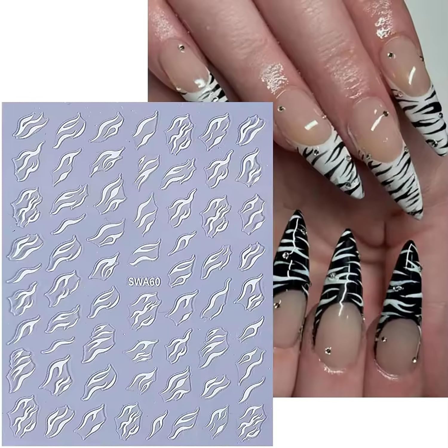 4 Sheets 3D Black White Zebra Print Nail Stickers, Self – Adhesive 3D Zebra Patt