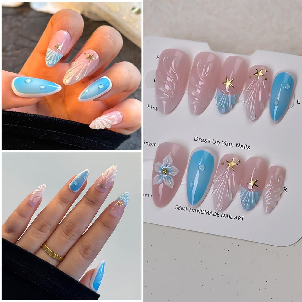 Mermaid Press on Nails for – Ocean French Tip with Gold Stars & 3D Waves, No …