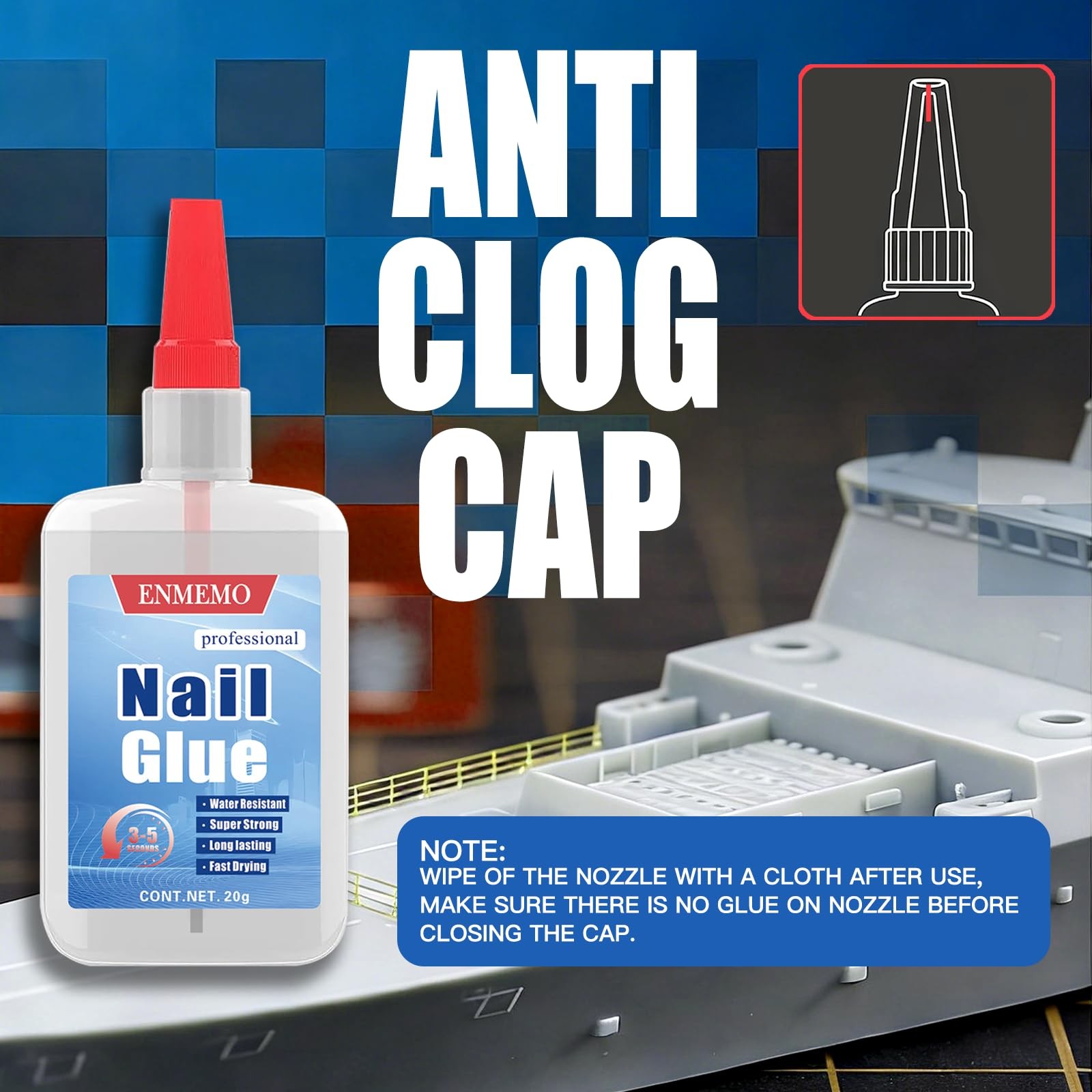 (2-in-1) 20ml Nail Glue with Brush Applicator & Nozzle,Used for Clear