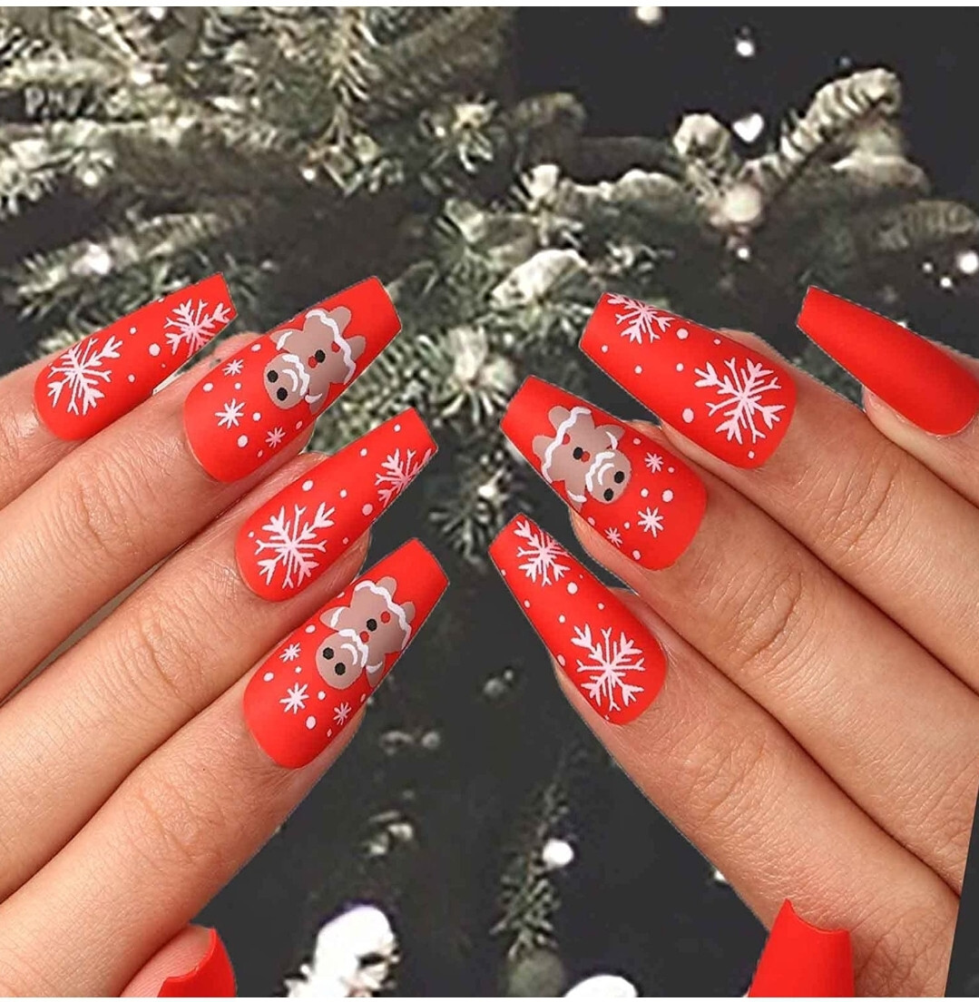 24 Matte Red Christmas Press on nails kit glue on snow flake gingerbread festive