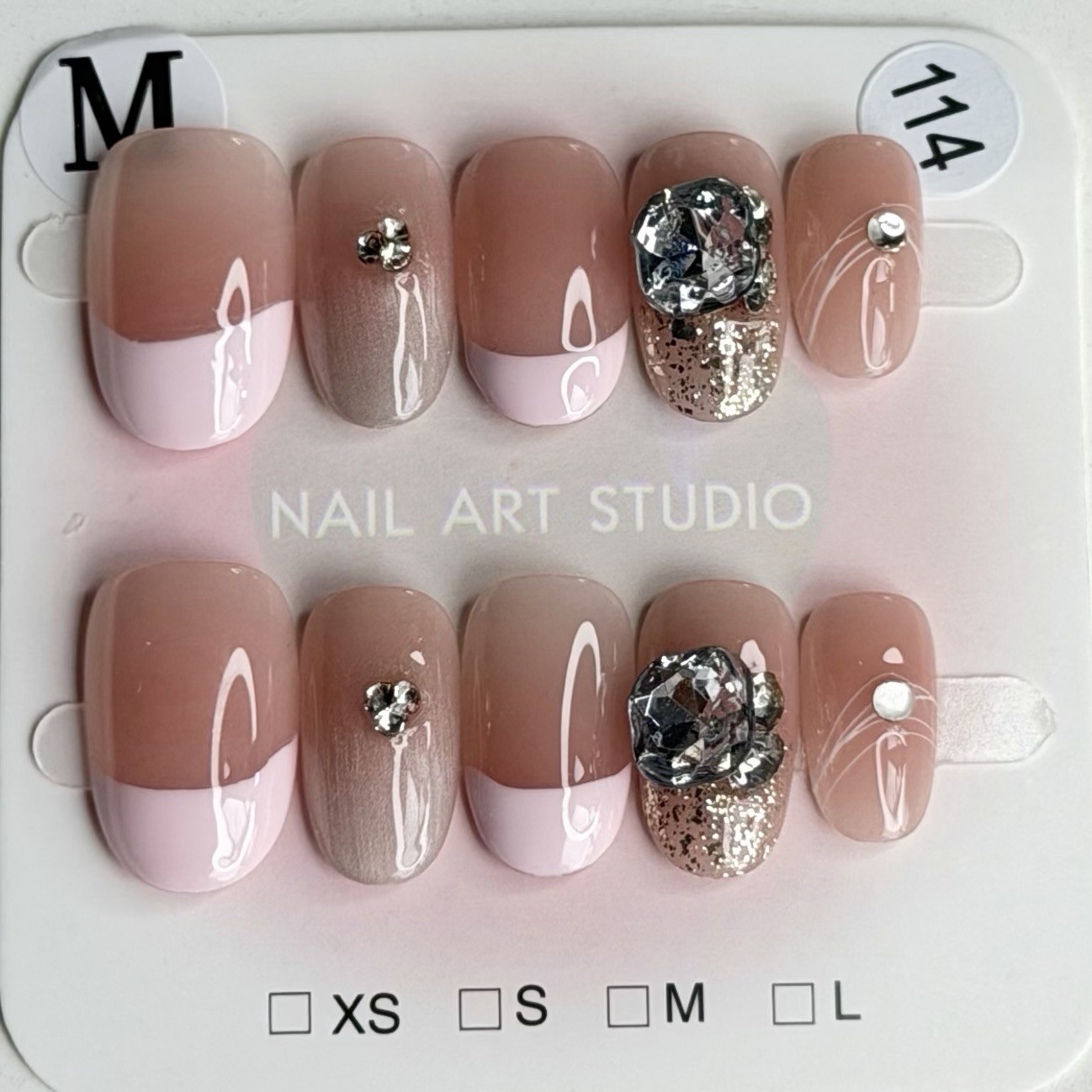 Handmade French Tip Nude Rhinestone Press-On Nails Short Oval Reusable Fake Nail