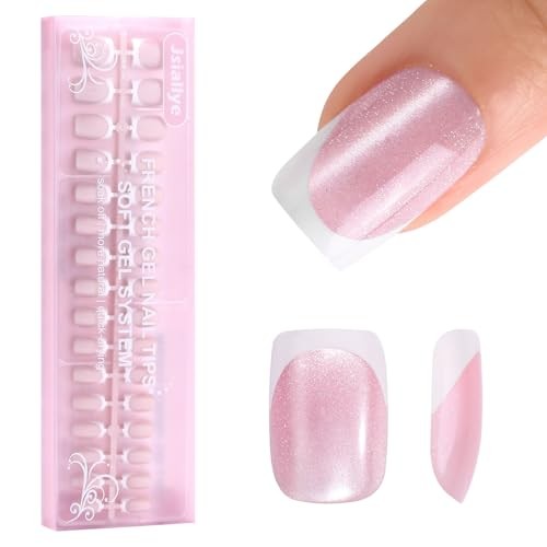 Cat Eye Press On Nails,160Pcs Pink Glitter Short Almond French Pink Eye Cat