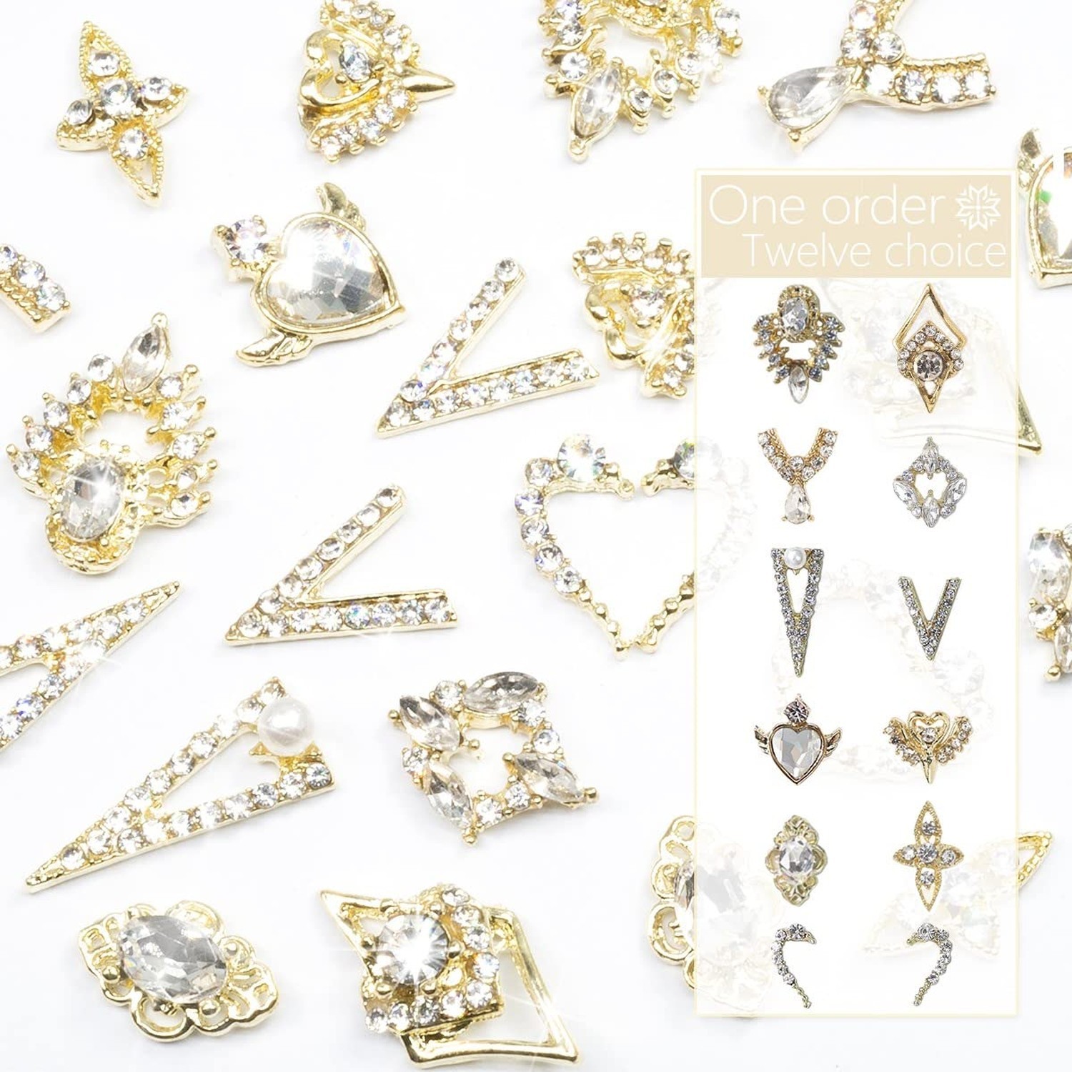 12 Pair 3D Alloy Gold Nail Art Rhinestones – Heart Shaped Nail Charms, Golden…
