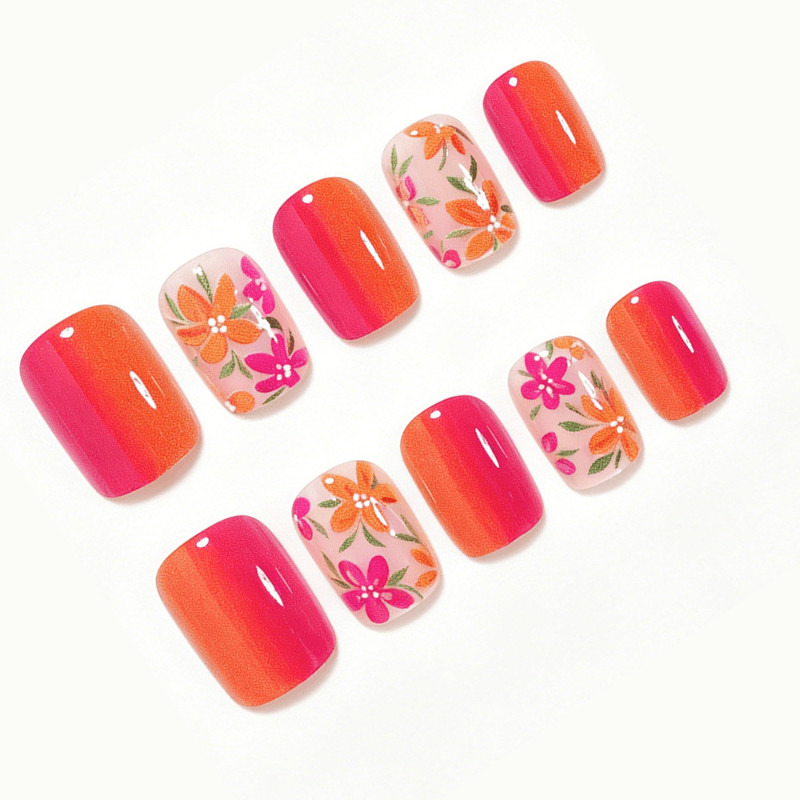 48Pcs-Short Square Bright Pink Orange Gradient Floral Summer Press on Nails Set
