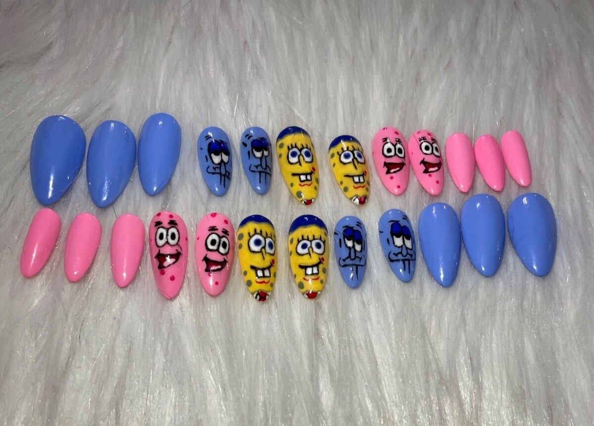 Custom press on nails SpongeBob almond 24 Patrick Squidward pink blue yellow