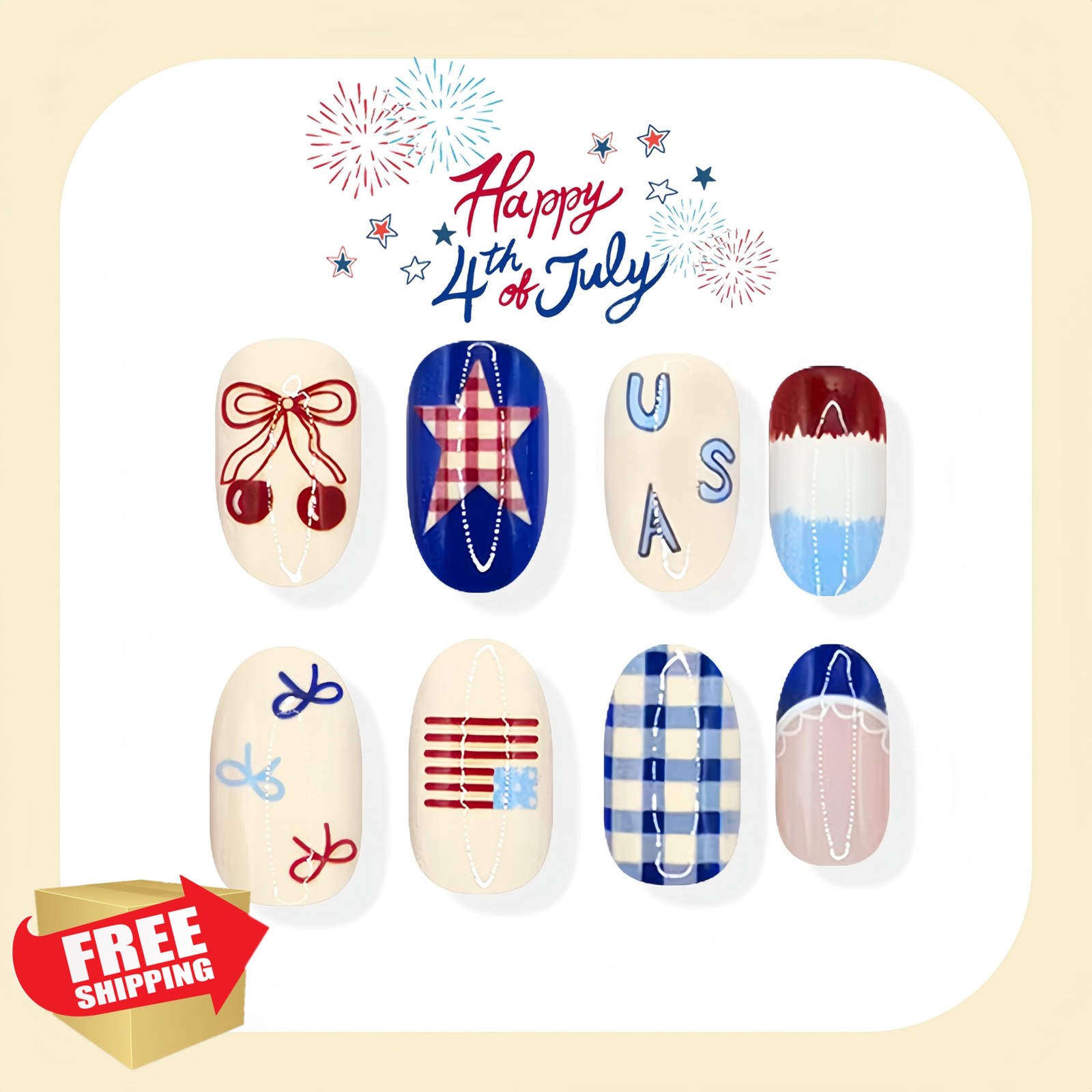 CnSybaris 24Pcs Medium Oval Independence Day Nails