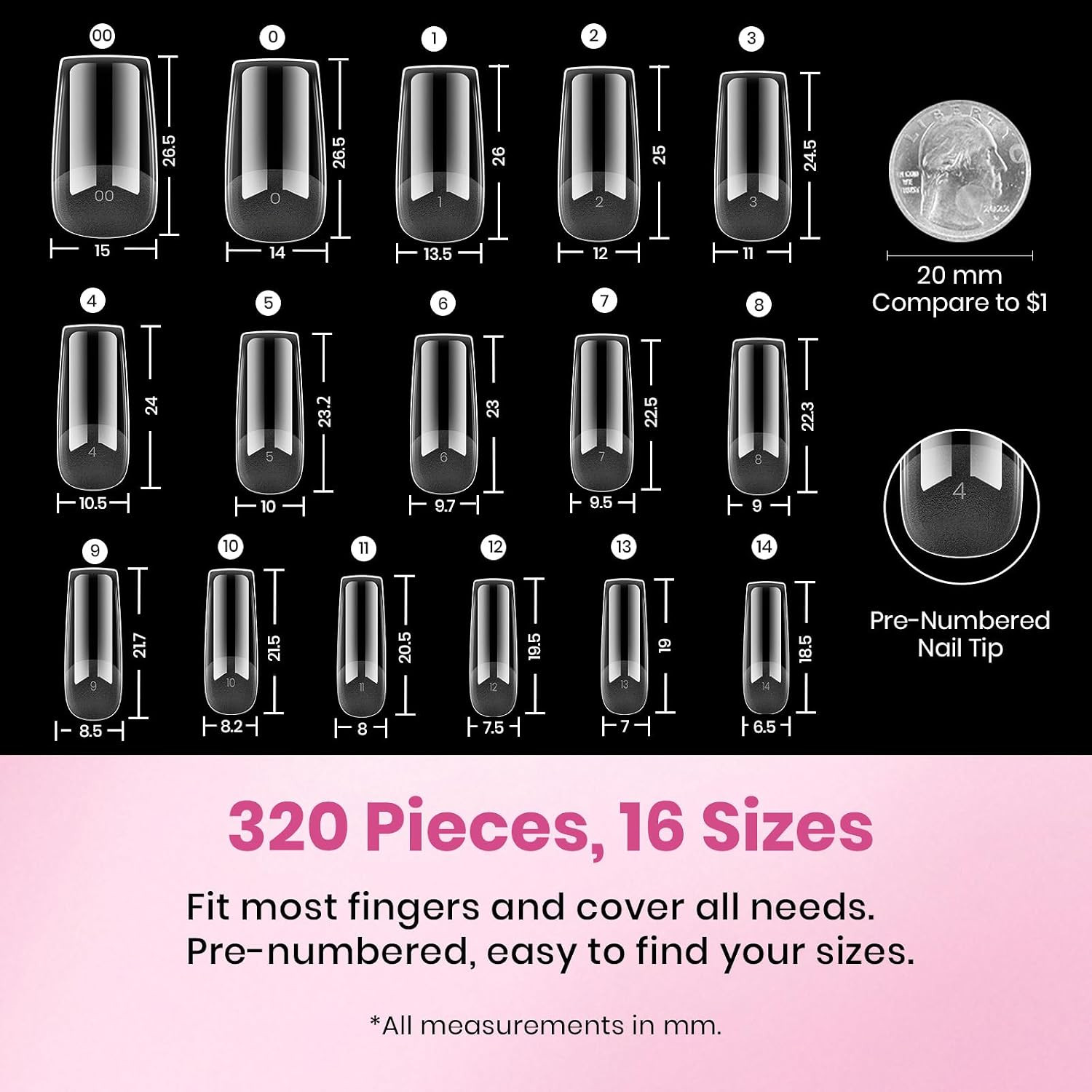 Beetles Gel Nail Tips Flat-X- Square Medium, 320Pcs 16 Sizes(00-14), Pre-Etched