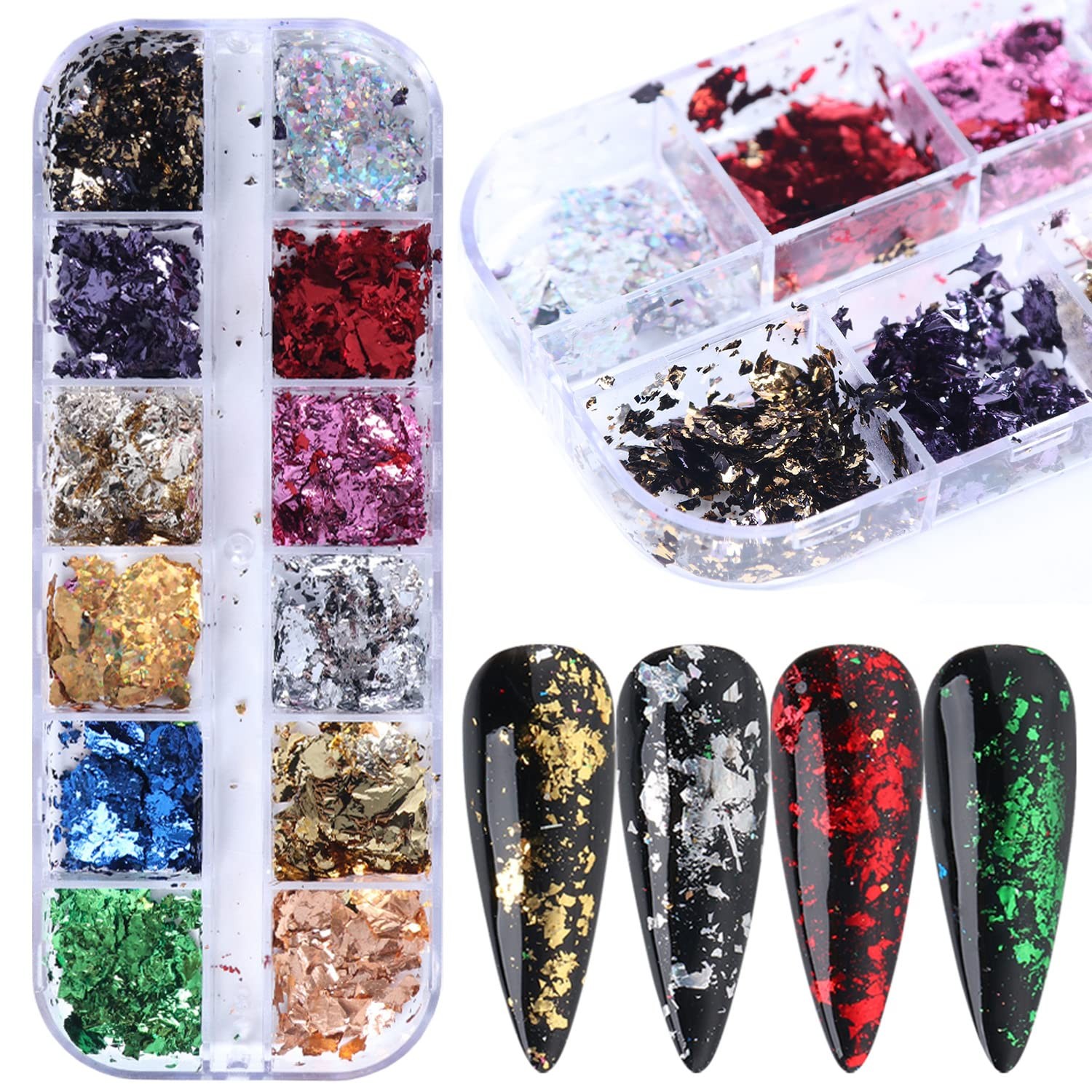 12 Colors Holographic Nail Foil Flakes – Sparkly Glitter for 3D Nail Art DIY