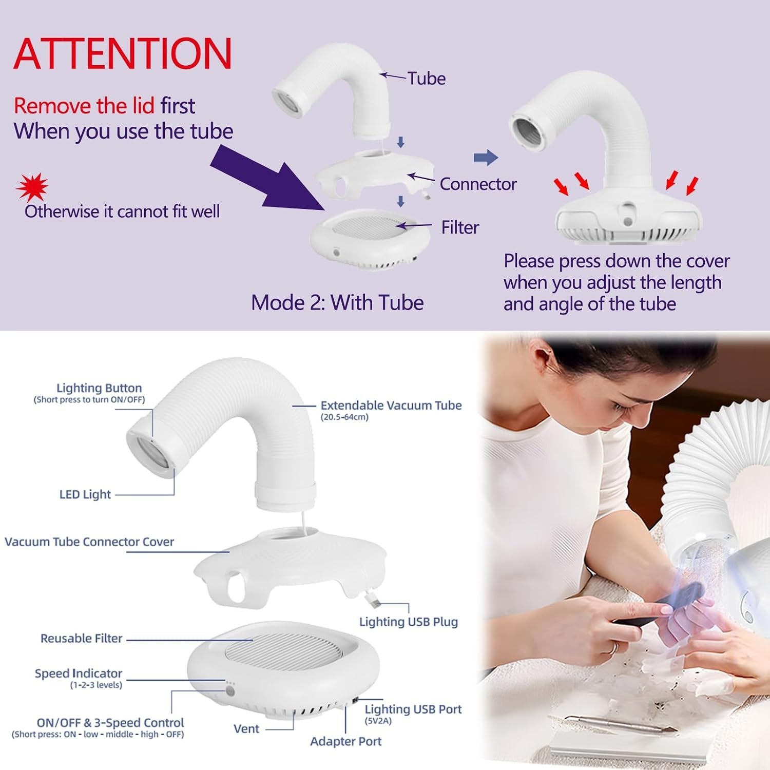 Versatile Nail Dust Collector with Built-in LED Light & Custom Suction Control