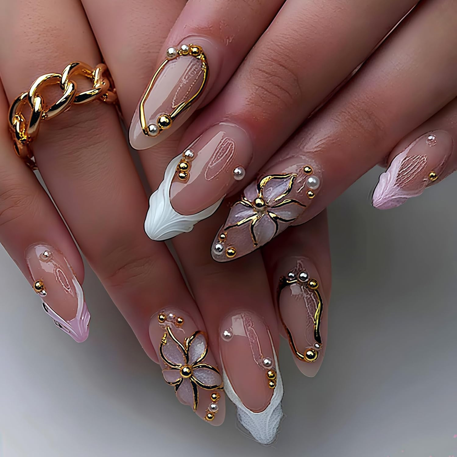 3D Wave French Tip Press on Nails – Medium Almond Fake Nails with Gold Flower |