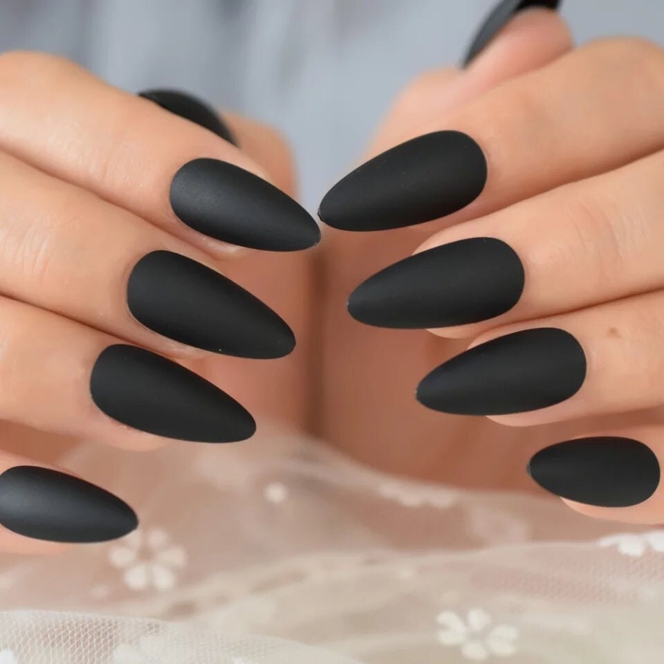 24 Vampy medium Matte Black Press on nails Stiletto witchy goth alt glue on Dark