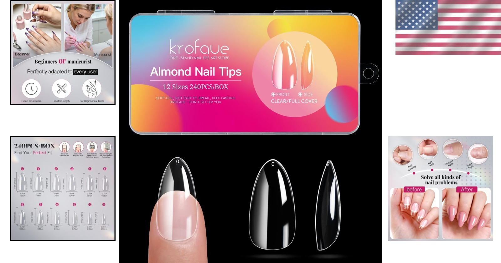 Clear Almond Tips – 240PC Soft Gel Nail Set with Storage Box for Nail Art Lovers