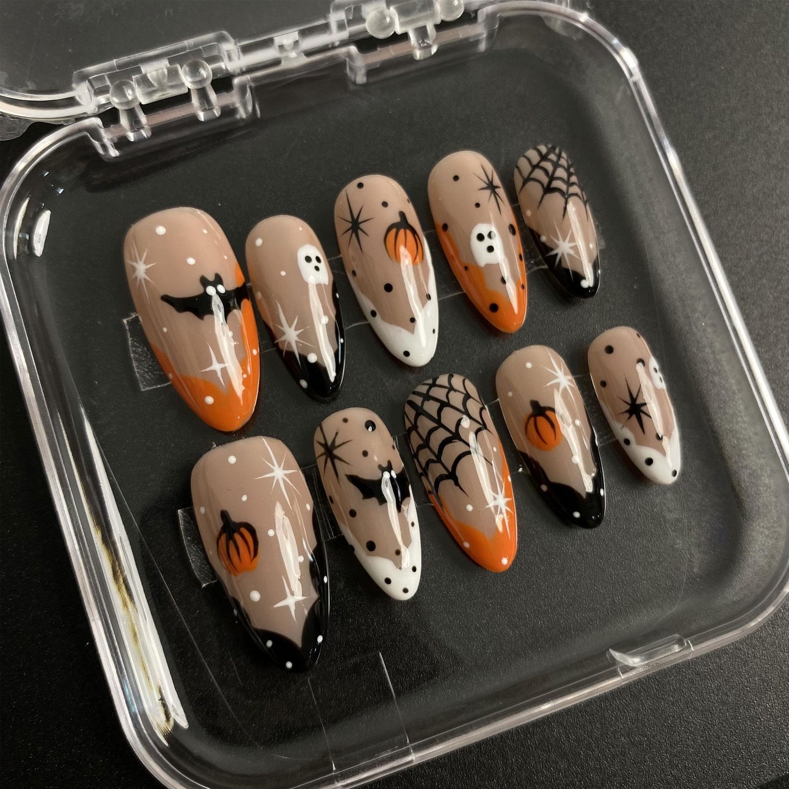 Custom Handmade Halloween Bat Ghost Pumpkin Spider Web Nude Almond Press on Nail