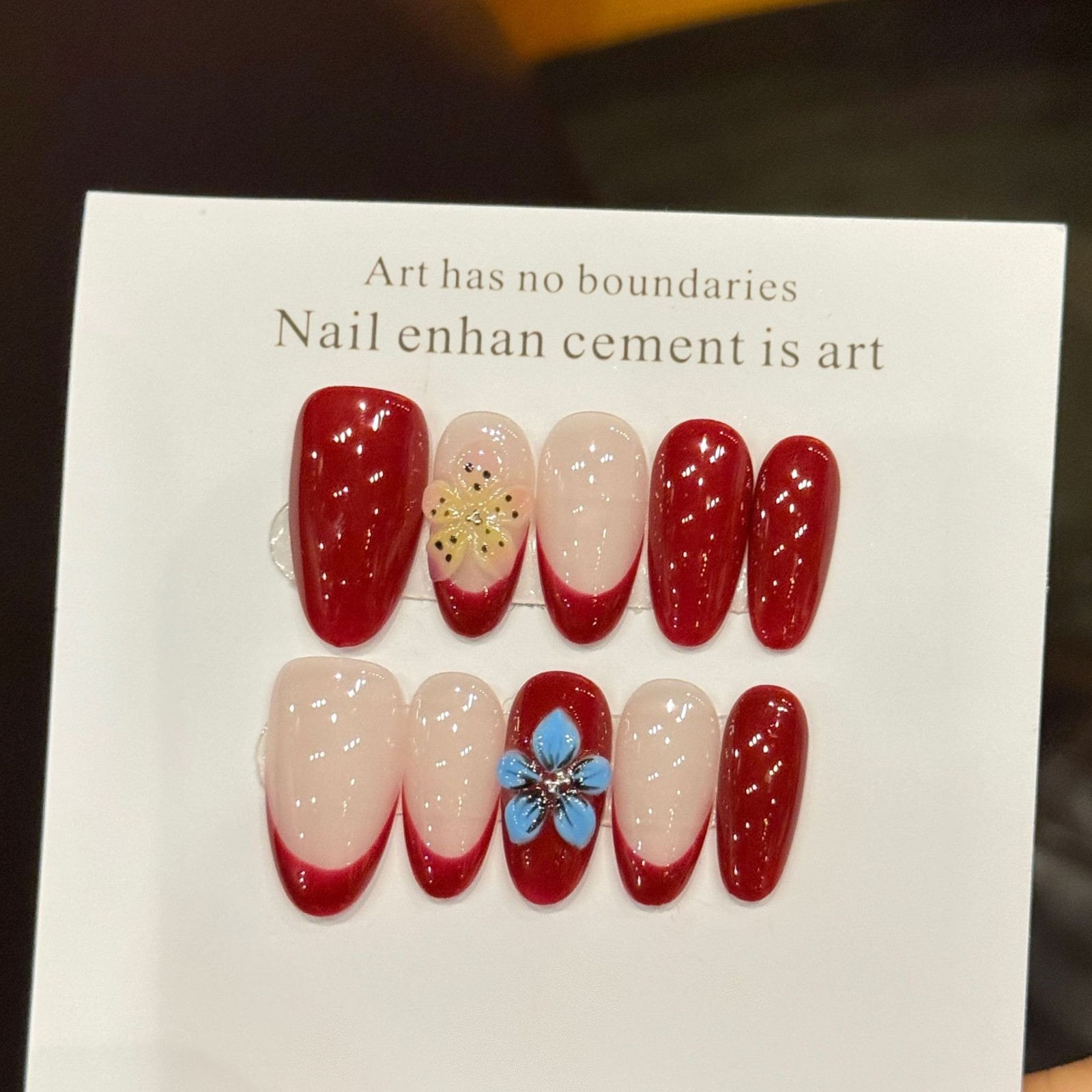 10Pcs Red French 3D Carved Medium Almond Press On Nails Chinese Style Nails