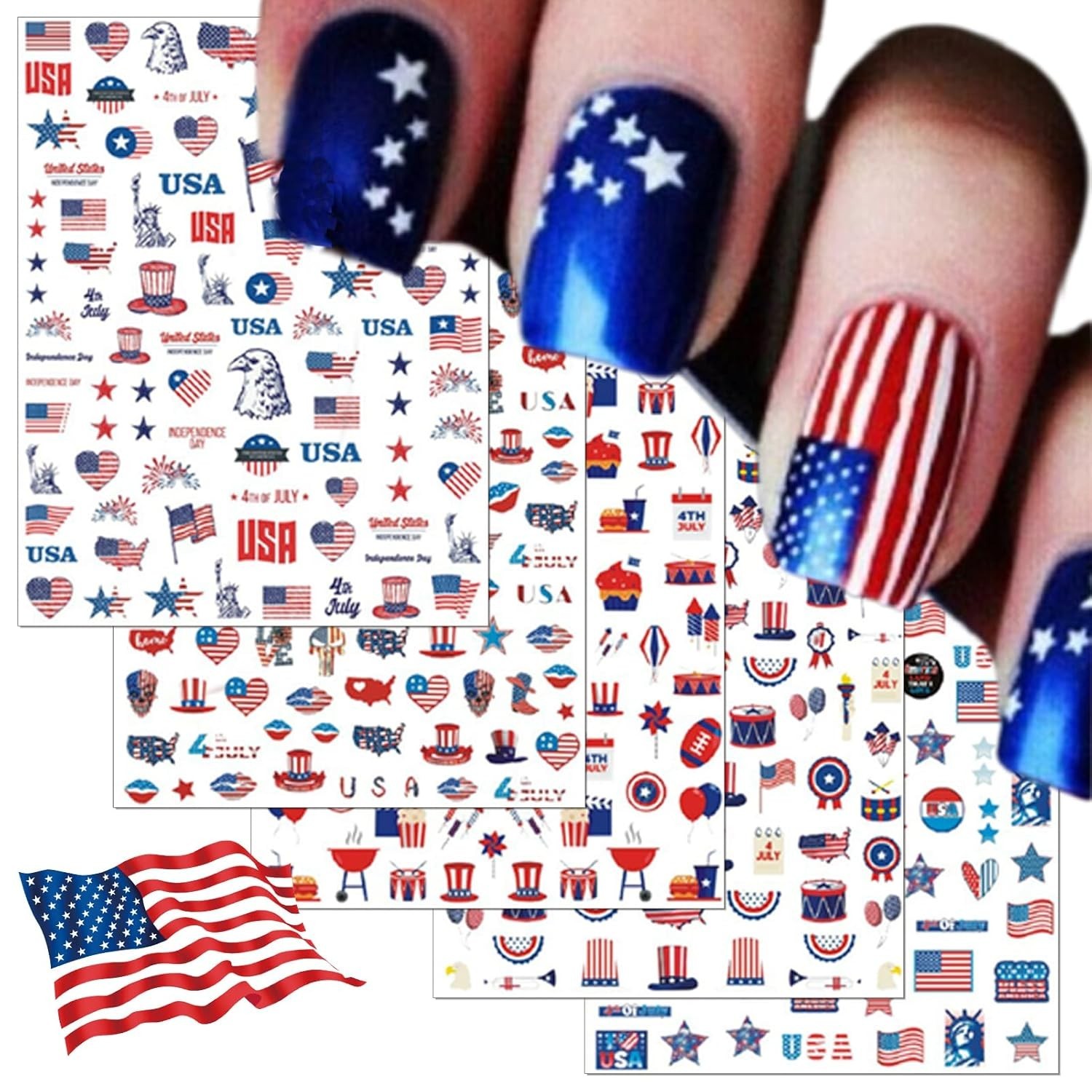 12 Sheets 4th of July Nail Decals Stickers, Self Adhesive Independence Day Pa…