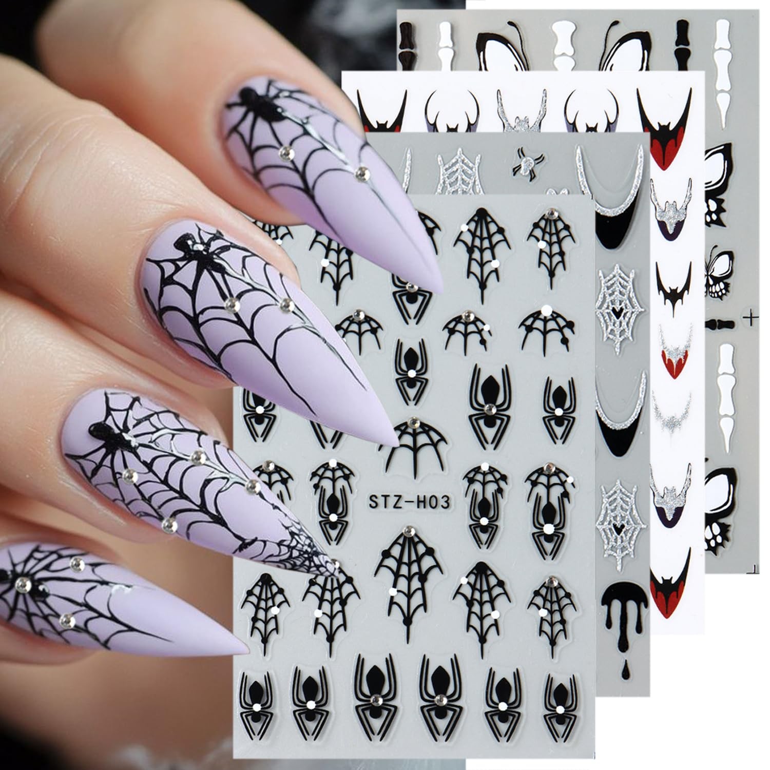 4 Sheets Halloween Nail Stickers for Nail Art Glitter Droplet Spider Nail Dec…