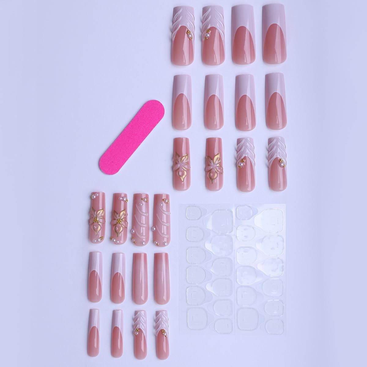 Press on Nails Square Long Acrylic Nails for Women 24pcs | White with PInk