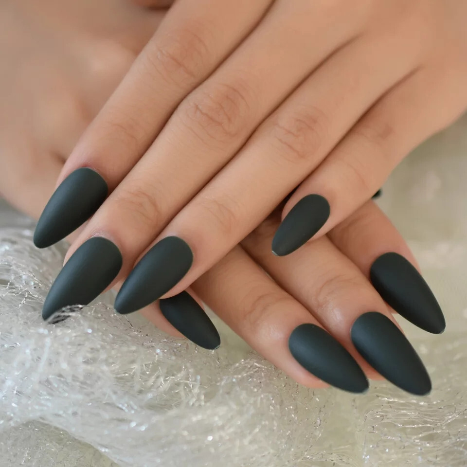 24 Medium Press on nails kit w glue Matte dark green winter