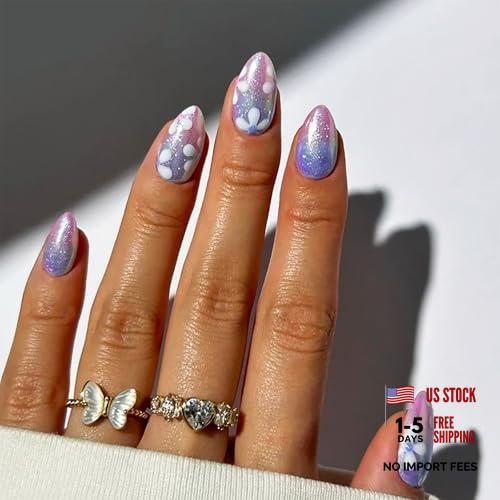Gradient Cat Eye Press on Nails – Flower Acrylic Fake Sparkly Ombre Stick