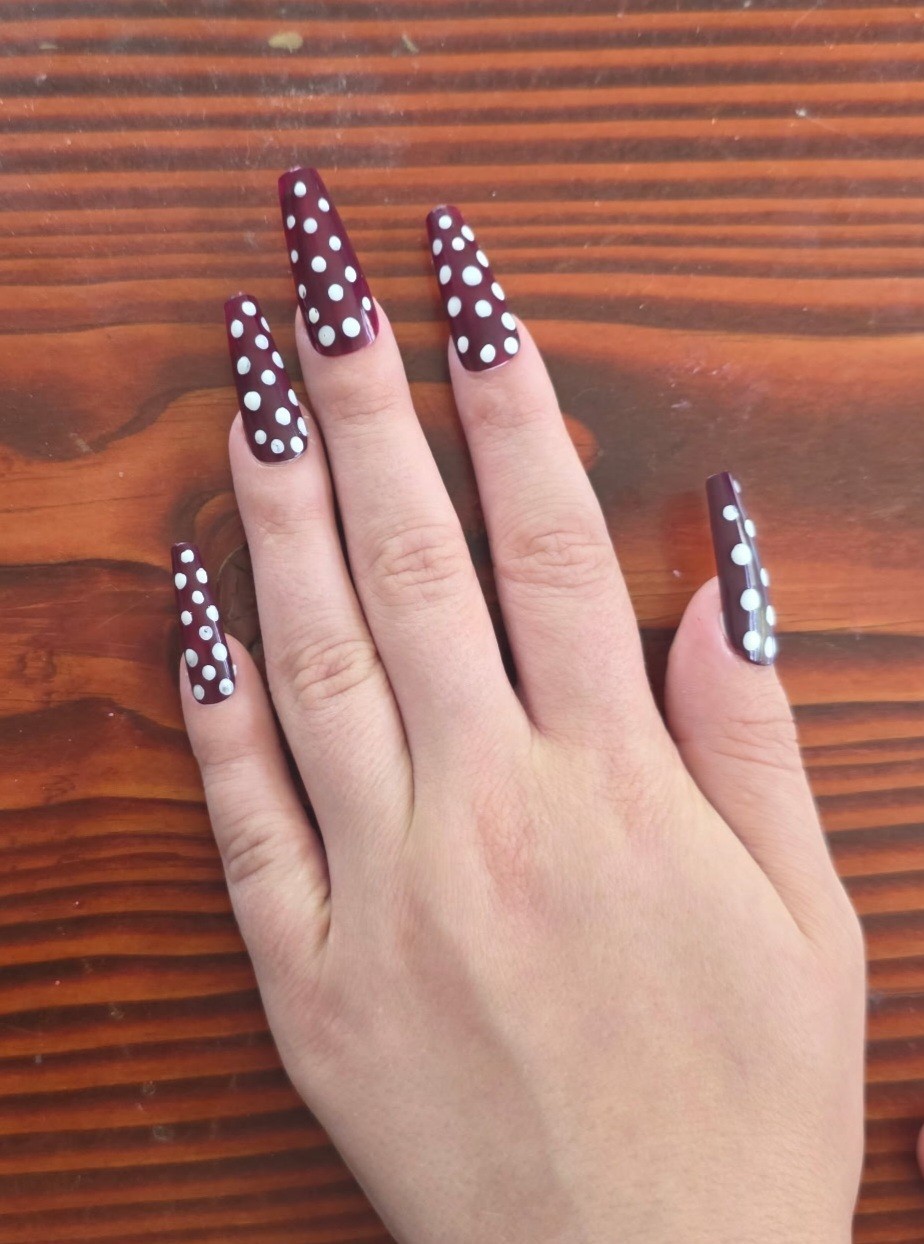 Long Coffin Press-On Nails Beet Color & White Polka Dot Shiny Full Cover Set
