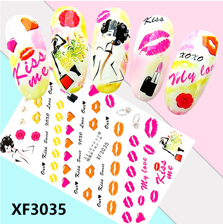 Nail Art 3D Decal Stickers heart kiss sweet XOXO ring lipstick XF3035 NS36
