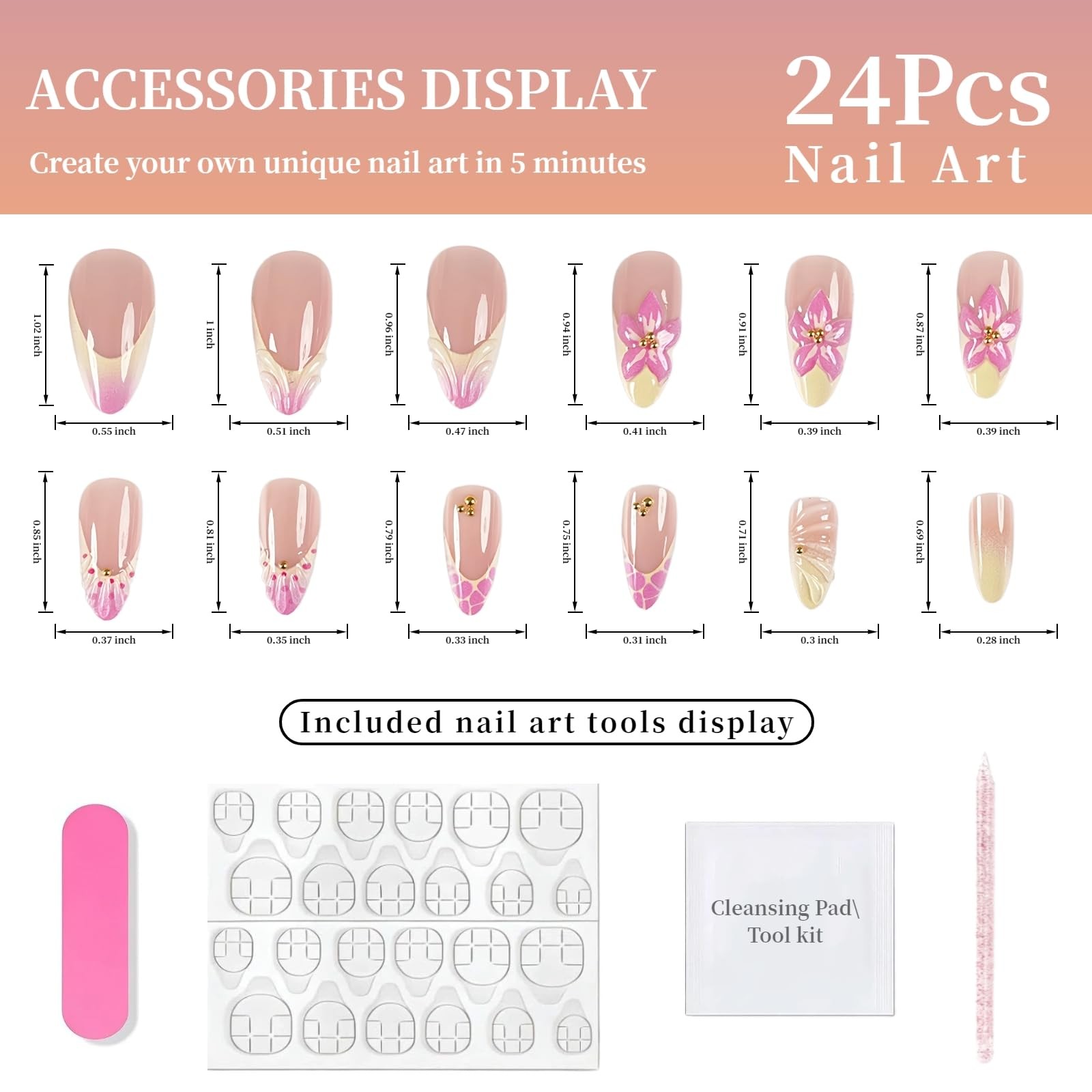 Tephrent Pink Almond Press On Nails Flower Gold