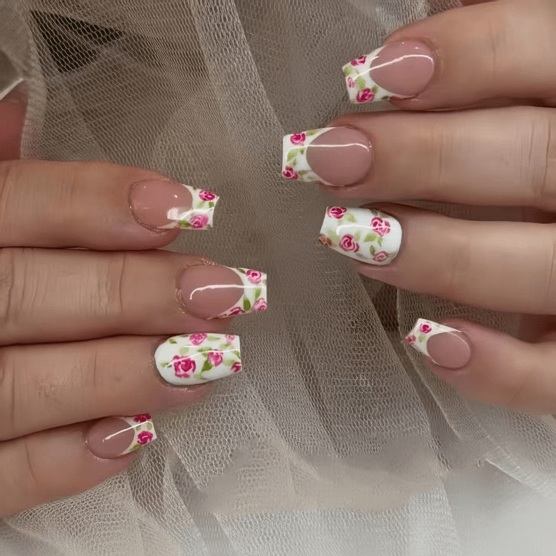 48 Pcs Rose Floral Press on Nails, Short Square Nude French Cute Fake Nails