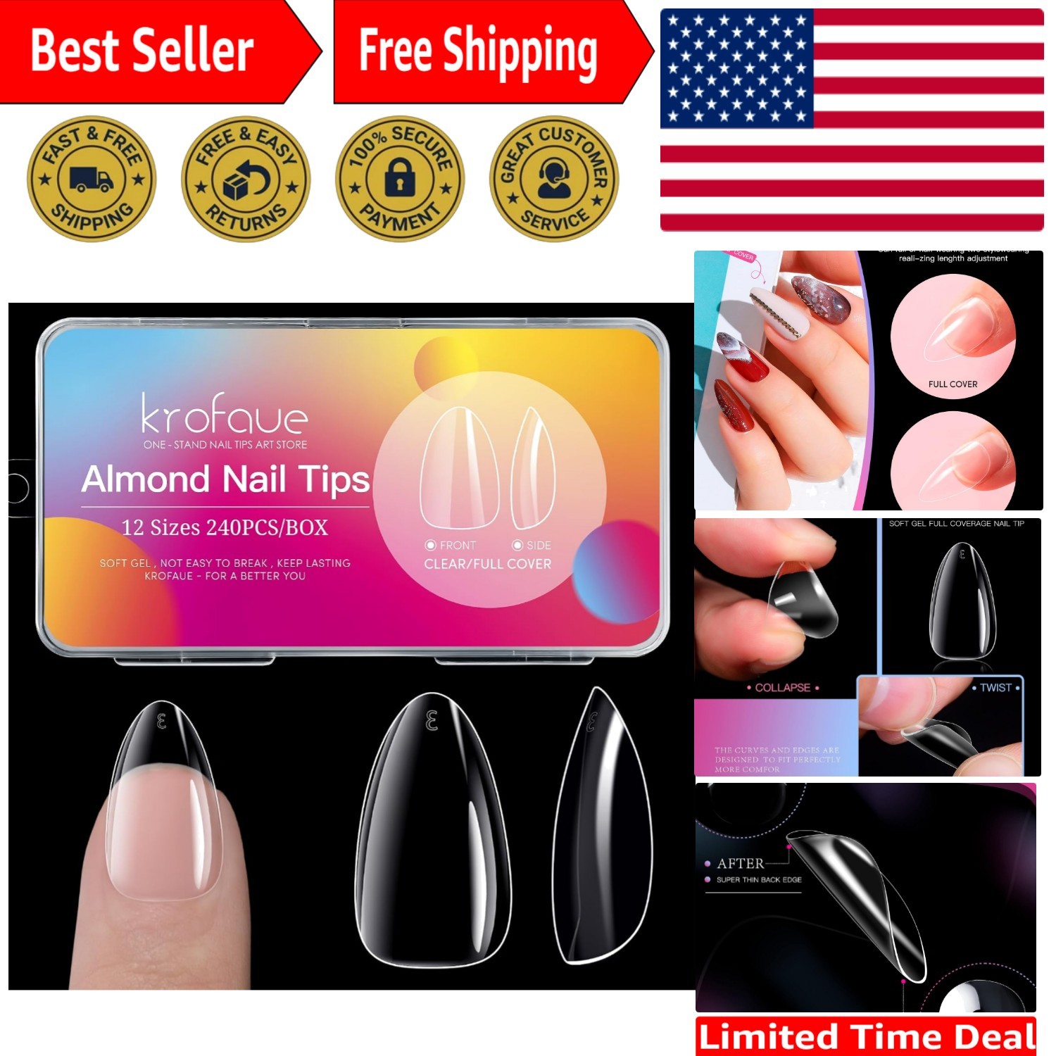 Professional Almond False Nails – 240PCS Soft Gel Tips, Effortless 12 Size Fit