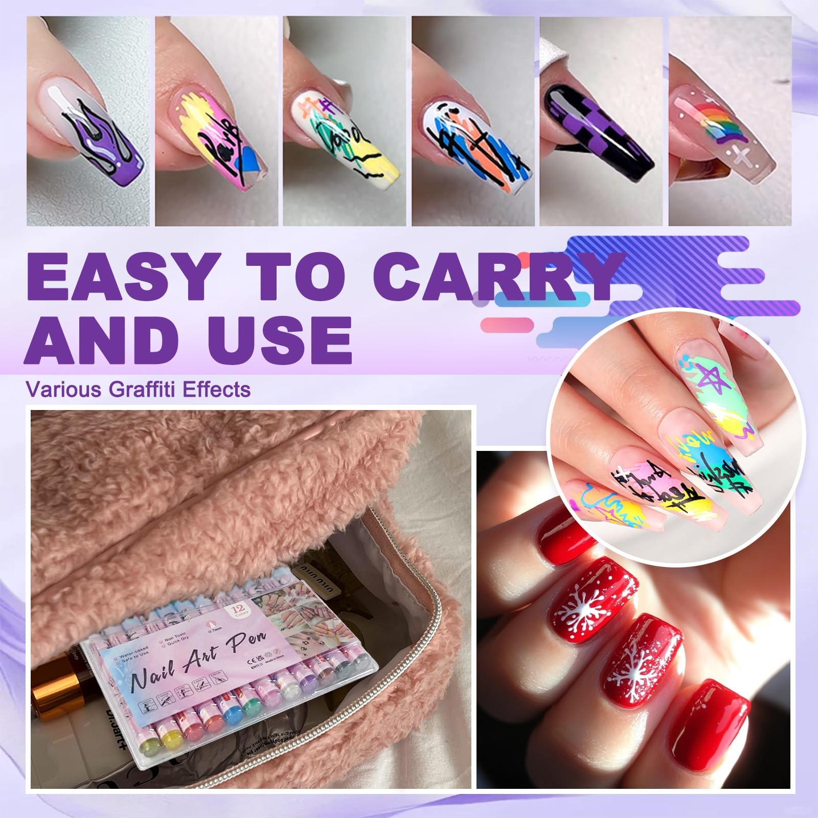 12 Color Nail Art Pens, 0.5 MM 3D Waterproof and Quick-drying for DIY Nails Art