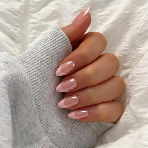 Almond Press On Nails – 30 Pcs – Glazed Baby French Pink – Chrome Tip