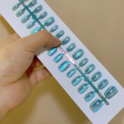 Blue Chrome Press on Nails Short Square Fake Nails 1 Fl Oz (Pack of 24) Style1
